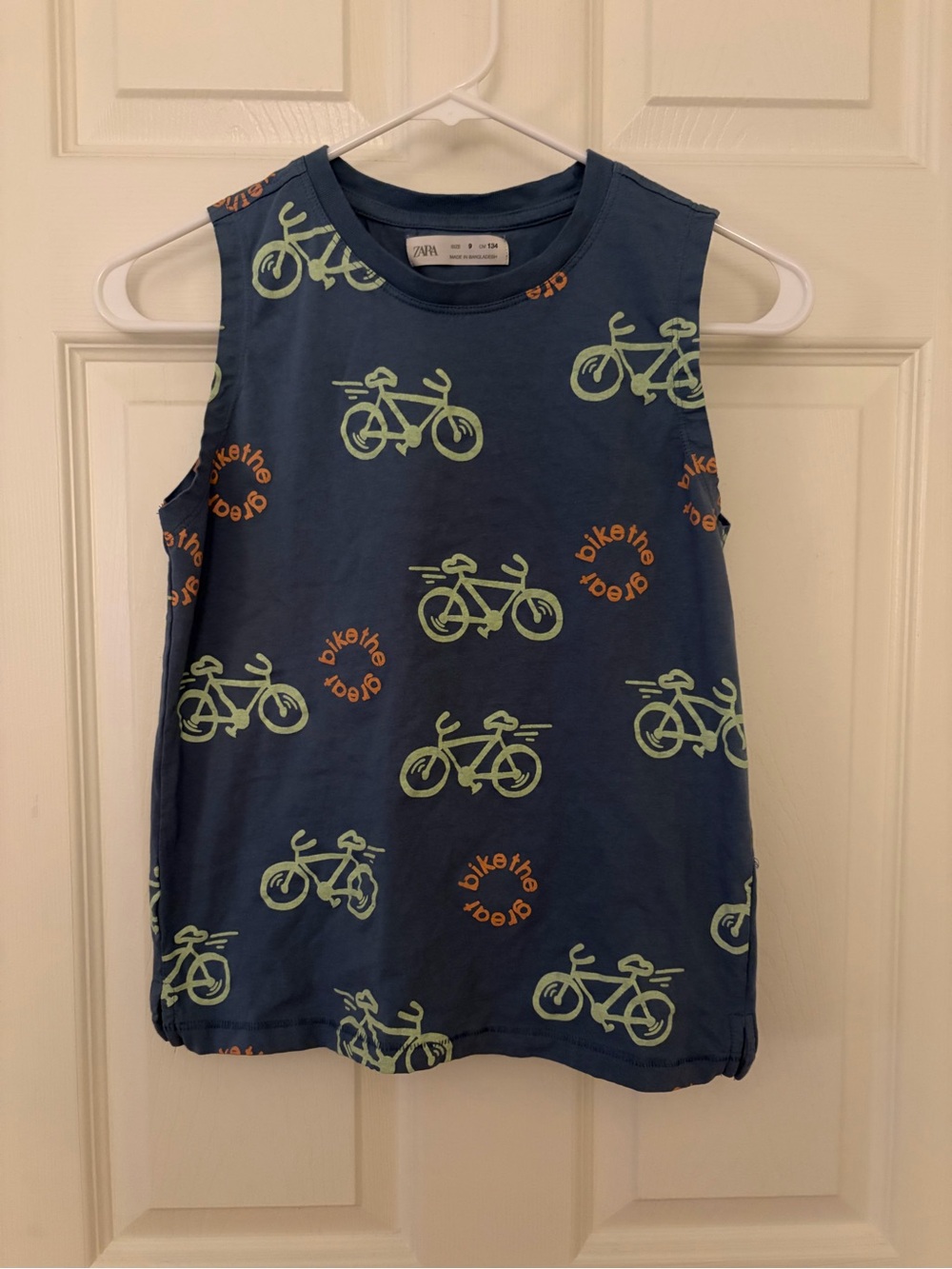 ZARA Blue Tank with Lime Green Bike Print and Orange Accents